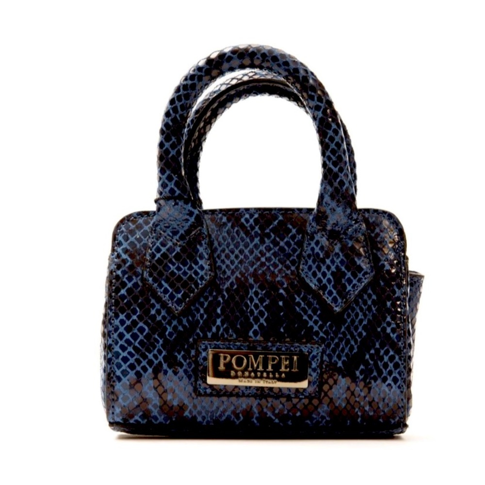 Leather Mini Tote Handbag. Adjustable Straps. Python Print. Lining with logo.